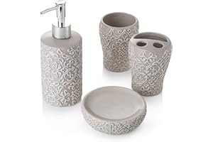 MONTEMAGGI Baroni Home Set in Ceramica accessori da Bagno, Include Dispenser, Portaspazzolino, Bicchiere e Portasapone Bassorilievo Set 4 Pezzi Classic Tortora