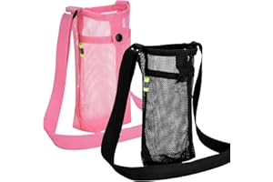 YUYWWAN 2 PCS Soporte Botella, Bolsa de Malla para Botella de Agua con Hombro Ajustable, Adulto Niño Taza Bolsa Protectora Exterior para Verano Senderismo Gimnasio Campamento Viajes(Negro+Rosa)