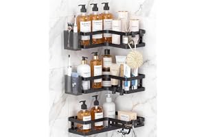 Gabeeriso Shower Caddy Corner 2-in-1,Rustproof Bathroom Organizer No-Drill | Resistant Corner Shower Shelf, Built-in Soap Holder & 18 Multi-Purpose Hooks, Black 3-Pack for Bathroom Storage