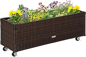 Outsunny Jardinière sur Pieds en résine tressée PE carré Potager surélevé bac à Fleurs extérieur Jardin Tissu Non-tissé Inserts d'irrigation Inclus métal dim. 94,5L x 31l x 36H cm Brun