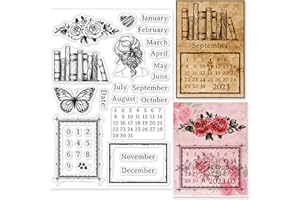 GLOBLELAND Tampons Transparents Calendriers Vintage Livres Cadres Vintage Papillon Fleur Timbres en silicone transparent pour Scrapbooking Embossing Carte en papier Album Décoration