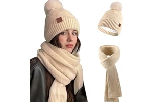 Fiohiros Hat and Scarf Set for Women, Winter Beanie Hat for Women with Pom Pom Fleece Lined, Knitted Scarf Neck Warmer 2 in 1 Cold Weather Set