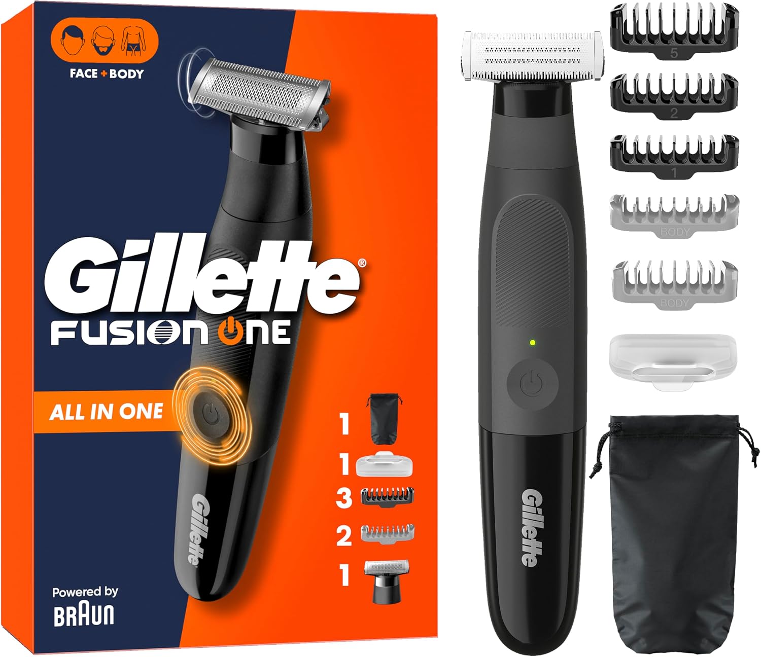 Gillette Fusion One Recortadora de Barba Y Afeitadora Corporal, Barbero Todo en Uno para Cara Y Cuerpo, Cabezal Pivotante, 4 Peines, Funda, Resistente al Agua, Inalámbrica, 45 Min de Uso, Negro