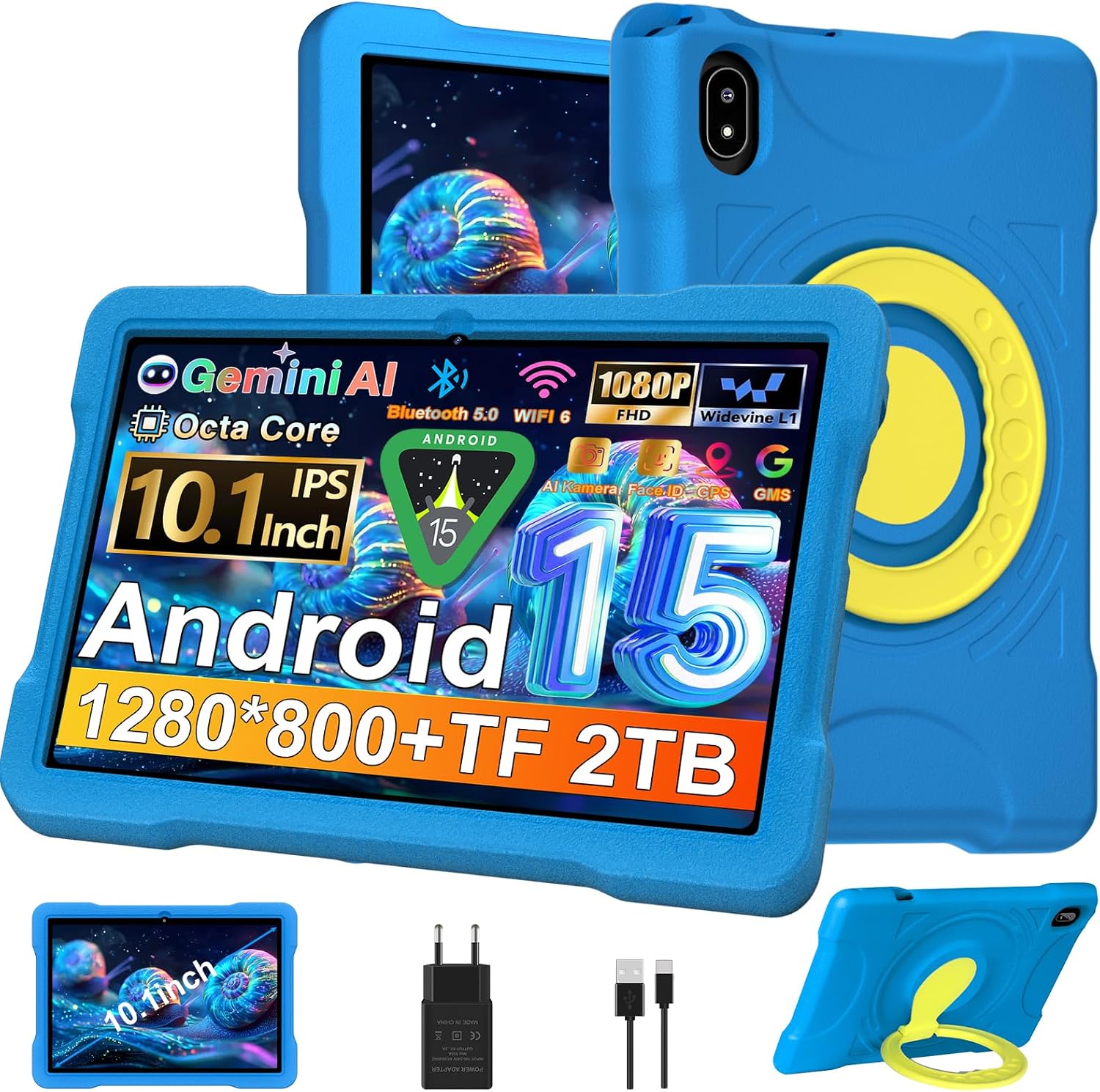 2026 último Android 15 Tablet para Niños 10 Pulgadas con 30GB RAM+TF 2TB, Gemini AI, Octa-Core 2.0Ghz/GMS,Widevine L1/5G WiFi/Bluetooth 5.0,5MP+8MP/FHD, tablet Niños con Funda EVA+360° Giratorio, Azul