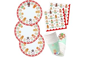 HNH Christmas Party Paper Plates Napkins Cups Set Gingerbread Dinnerware Disposable for 16 Person