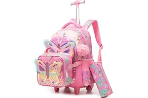HTgroce Cartable a Roulette Fille Primaire, Cartables Scolaire Trolley Bag Sac à Dos avec roulettes Cartable Ensemble de Sac de Voyage pour L'école, Le Voyage, la randonnée.