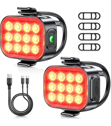 Set Luci Bici LED Ricaricabili USB, Faro Anteriore E Fanale Posteriore, 6 LED, Impermeabili, Rosso/Nero