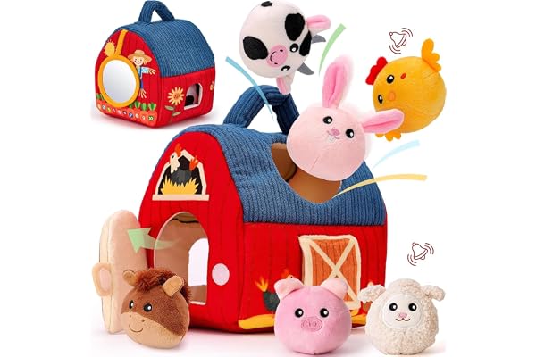 Hahaland Jouet Bébé Animaux de la Ferme en Peluche, Jeux Montessori avec Grange, Hochets, Miroirs Jouet Sensoriel Bébé 0-6 Mois, Cadeau Bébé Enfant 3-6-9 Mois Garçon Fille