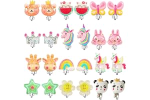 PinkSheep Boucles d'oreilles à clip pour filles Enfants 12 paires Boucles d'oreilles pour enfants Kawaii Coccinelle Licorne Arc-en-ciel Boucles d'oreilles de princesse Cadeau de fille