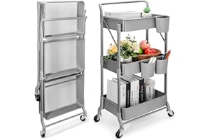 Shrivee 3-Tier Kitchen Trolley, Serving Trolley, Foldable Metal Trolley, Shelf on Wheels, Shelf, Organiser, Kitchen Shelf, Foldable Utility Trolley for Kitchen, Bathroom, Office (Grey)