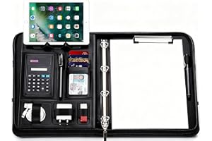 WONSEFOO Schreibmappe A4, mit Taschenrechner, Leder Ringbuch Dokumententasche, Große Fächern, Faltbaren Magnetgriffen, Tablet & Smartphone Halterung 5 Kartenfächer Notizblock Wasserdicht