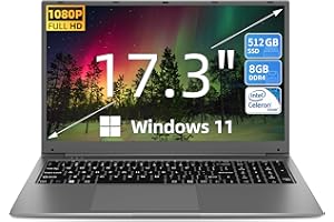 SGIN Ordinateur Portable 17,3 Pouces 8 Go RAM 512 Go SSD PC Portable, Processeur Celeron Dual-Core Up to 2.8 Ghz, FHD 2.4/5.0G WiFi, Bluetooth 4.2, Prend en Mémoire Extensible 512 Go TF