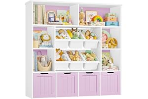 FOREHILL Libreria Montessoriana per Bambini, Porta Giochi Bambini a 4 Cassetti con Ruote, Mobile Porta Giochi a 6 Scatole di Giocattoli, 6 Scomparti Aperti, 125x33x121.5cm (Lilla)