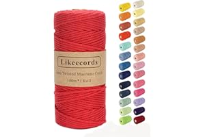 Likeecords Makramee-Schnur, 3 mm x 110 Yards, farbiges Makramee-Seil, Baumwollseil, Makramee-Garn, Bunte Baumwollschnur, zum Aufhängen von Pflanzen, zum Basteln, Stricken(Rot)