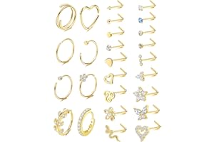 Adramata 26Pcs 20G Piercing Nez Acier Chirurgical CZ Anneau de Nez Piercing Nez Brillant Coeur Serpent Clous de Nez Piercing Septum Or Argent Piercing au Nez Bijoux pour Femme Homme