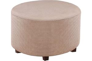 MOVKZACV Round Ottoman Slipcover Footstool Protector Covers Storage Stool Ottoman Covers Stretch with Stretch Bottom, Textured Checked Jacquard Fabric Machine Washable Khaki