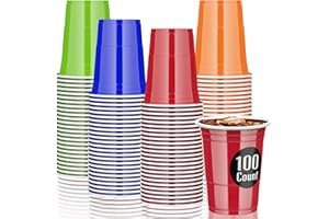 AOLUXLM Reusable Plastic Cups - 25 Red Cup + 25 Blue + 25 Green + 25 Orange + 10 PingPong Balls for Games, 100 Disposable Cups for Christmas, New Year's Eve, Wedding