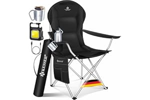 KESSER Chaise de camping pliable jusqu'à 150 kg - Chaise pliante rembourrée avec accoudoirs, dossier haut, chaise de plage, tabouret pliant avec lumière de camping, porte-gobelet, sac et gobelet