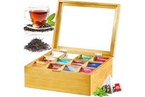 ZQEJEFD Scatola da Tè in Legno Con 12 Scomparti, Contenitore Con Finestrella, 28 x 22,5 x 9 cm, Scomparti Regolabili Flessibili per Conservare Bustine