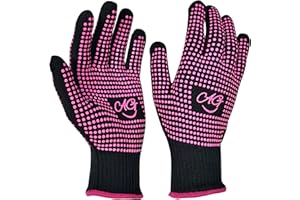 ANGENIL Heat Resistant Gloves 2 Pcs, Double Sided Non Slip Silicone Bumps Heat Glove, Pink Elastic Heat Proof Gloves for Hair Tools, Curling Iron Wand, Hair Straightener, Hot-Air Brushes, Hair Dryer
