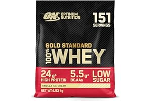 Optimum Nutrition Gold Standard 100% Whey, Proteína en Polvo para Recuperacíon y Desarrollo Muscular con Glutamina Natural y Aminoácidos BCAA, Sabor Helado de Vainilla, 151 Dosis, 4.53 kg