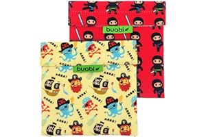 BUABI Bolsa merienda Infantil - Porta Bocadillos y Sandwich - Envoltorio Térmico de Tela, ecológico, Reutilizable, sin BPA (Piratas y Ninja)