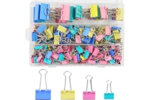 HIQU AND HIST 170 Stück Foldback Klammern Set, 15mm/19mm/25mm/32mm Binder Clips Büroklammern Bunt, Vielzweckklammern Dokumenten Clips,Metall Klammern Papierklammern für Schule Bürobedarf Briefpapier Notizen