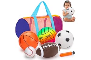 Lypsochaat Balls for Toddlers 1-3, 5pcs Inflatable Balls with Storage Bag Football Soccer Basketball Baseball Volleyball Pump, Indoor Outdoor Sports Play Toys for Kids Toddler 3+ Years