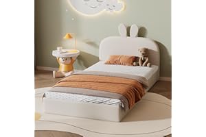 ‎MERAX Merax Kinderbett Polsterbett 90x200cm, Einzelbett Bettgestell mit Holz Lattenrost und Rückenlehne, süßes Kopfteil in Kaninchenform, Jugendbett, Mädchenbett, Bettrahmen, Samt, ohne Matratze, Beige