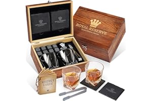 Coffret Whisky Cadeau – Verres, Glacon Pierre Reutilisable, Dessous de Verre, Pinces à Glace, Boîte en Bois, Cartes Recettes, Sac en Velours – Service a Whisky pour Homme de Royal Reserve