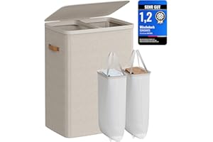 SONGMICS Wäschekorb, 170 L Wäschesammler 2 Fächer, Wäschesortierer, Leichter Aufbau, mit Deckel und Griffen, herausnehmbarer Wäschesack, 56 x 40 x 75 cm, cappuccinobeige LCB813L01