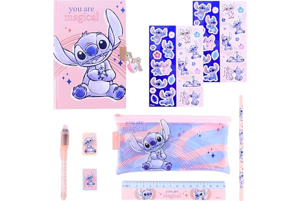 Disney Stitch Ensemble de Papeterie, Comprenant Un Cadenas pour Journal Intime avec Clés, Stylos, Autocollants, Gomme, Taille-Crayon, Règle, Ensemble de Papeterie Cadeau Filles