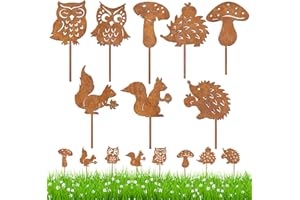 Dog's Booty Lot de 8 piquets de jardin en métal rouillé - Décoration d'automne - Hibou - Hérisson - Champignon - Décoration de jardin pour pots de fleurs, balcon, cour, clôture, pelouse - Décoration