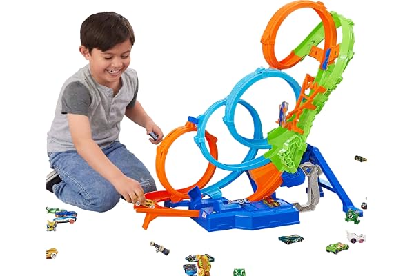 Hot Wheels Coffret Ultra Crash Looping avec 4 loopings, Zone de Crash 3 Voies et propulseur motorisé, se replie pour Le Rangement, avec Une Voiture Miniature échelle 1/64, HXT06