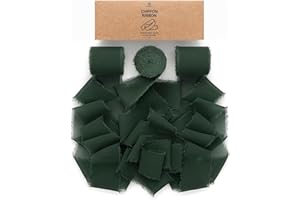 Vitalizart Cinta de Gasa de Seda Verde Oscuro, Hecha a Mano con Flecos, Total 3,8 cm x 19,2 m, Juego de Cintas para Invitaciones de Boda, Ramos de Novia, Regalos, Envoltorios, Bricolaje