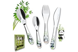 Koru Kids® Sztućce dziecięce Panda – 4-częściowy zestaw – ze stali nierdzewnej – sztućce do nauki jedzenia – nadają się do mycia w zmywarce – sztućce dla dzieci od 3 lat