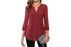 Vafoly Damen 3/4 Ärmel Oberteil Henley V-Ausschnitt Hemden doppellagig Mesh Bluse Tuniken