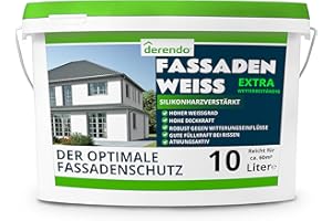 ‎DERENDO derendo Fassadenfarbe weiß silikonharzverstärkt mit EXTRA Wetterschutz, 10l, Fassaden Farbe mit hoher Deckkraft und guter Füllkraft bei kleinen Rissen, weiss matt
