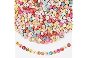 Vicloon Bracelet DIY Perles de Lettre, 1200 Acryliques Perles Lettres Rondes pour Bracelet Bricolage Kit, Perle d'Alphabet de A à Z pour Bijoux, Colliers, Porte-Clés (Rond, Couleur, Lettres Dorées)