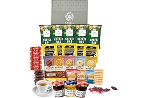 A AMOUSA Afternoon Tea Hamper - This Tea and Coffee Hamper Gift Features 43x Items Total, including Teabags, Coffee Bags, Mini Jams & Honey, Biscuits & More - Gift for Women & Men.