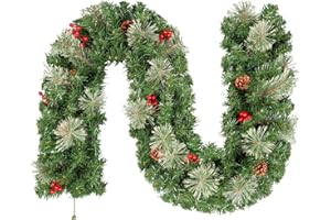 HIMALY 9ft/2.7m Christmas Garland with Berries & Cones, Artificial Xmas Garland for Wall/Stairs/Fireplace/Front Door