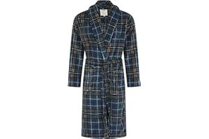 John Christian Męski ciepły szlafrok z polaru, niebieski i żółty wzór w kratkę