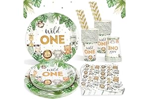 Heboland Decorazioni Compleanno 1 Anno Piatti Animali Set per 25 Ospiti, 100 Pezzi Primo Compleanno Bimbo Safari Giungla Stoviglie Wild One Feste Piatti Carta, Tazze e Tovaglioli per Bimbo Ragazzi