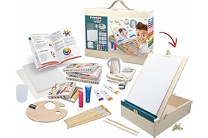 Buki France - Professional Studio Atelier Artiste - Mallette Peinture Acrylique en Bois avec Chevalet Transformable – Kit Complet avec 18 Tubes de Peinture et Accessoires – Guide Illustré – Dès 7 Ans