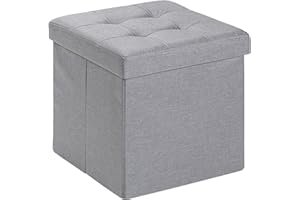 D&D Quality Puff Almacenaje Plegable, Asiento Acolchado, 38 x 38 x 38 cm - Exterior Tapizado Estilo Lino - Caja Almacenamiento Cuadrada (Gris Claro)