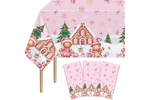 Lianxuia 3Pcs Pink Gingerbread Man House Plastic Tablecloth, 137 x 274cm Waterproof Christmas Snowflake Table Cover, Xmas Gingerbread Decorations for Winter Holiday Christmas Party Supplies