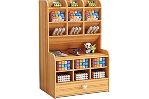 VIKMYER Mnkyer Organizzatore da Scrivania in Legno Scatola di Penne da Scrivania Multifunzione per Desktop in Casa Forniture per Ufficio Scolastico con Cassetto (Ciliegia-b16)