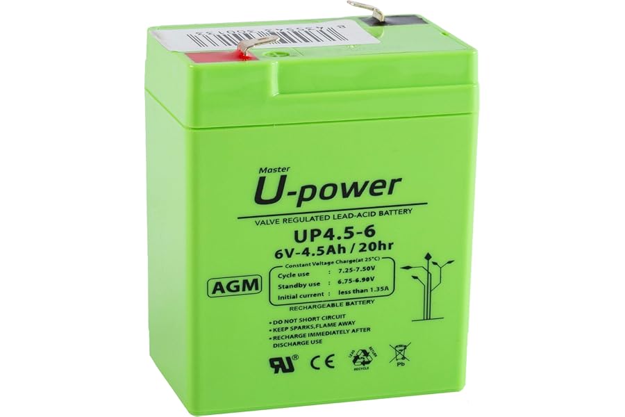 U-Power Batería AGM 6V 4.5Ah – Sellada Recargable Plomo-Ácido VRLA – para Alarmas, SAI/UPS, Seguridad, Juguetes Eléctricos y 
