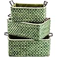 Peohud Set of 3 Woven Storage Baskets, Maize Straw Organizer Bins with Handle, Handwoven Basket Set for Organizing Bedroom, Living room, Laundry Room, Kitchen or Office, Green