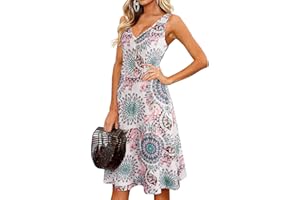 II ININ Women's Summer V Neck Sleeveless Casual Button Down Tank Dress Midi Floral Beach Party Sundress with Pockets
